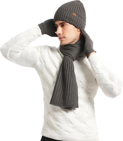 Yvechus 3 Pcs Winter Knit Beanie Hat Scarf and Touch Screen Gloves Set Fleece Lined for Men Women in Saudi Arabia