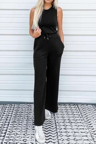 PRETTYGARDEN Womens Jumpsuits Summer Casual One Piece Outfits Sleeveless Wide Leg Long Pants Rompers in Saudi Arabia