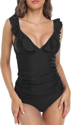 Hilor Women's Tankini Swimsuits Shirred Tummy Control Swimwear Ruffled V Neck Two Piece Bathing Suits in Kuwait