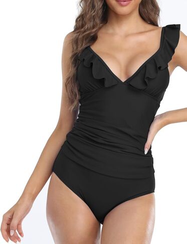 Hilor Women's Tankini Swimsuits Shirred Tummy Control Swimwear Ruffled V Neck Two Piece Bathing Suits in Kuwait