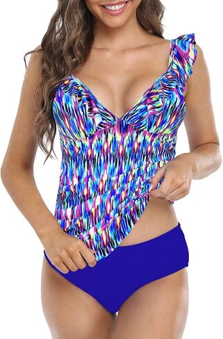 Hilor Women's Tankini Swimsuits Shirred Tummy Control Swimwear Ruffled V Neck Two Piece Bathing Suits in Saudi Arabia