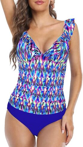 Hilor Women's Tankini Swimsuits Shirred Tummy Control Swimwear Ruffled V Neck Two Piece Bathing Suits in Saudi Arabia