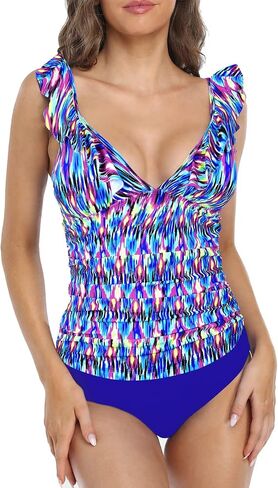 Hilor Women's Tankini Swimsuits Shirred Tummy Control Swimwear Ruffled V Neck Two Piece Bathing Suits in Saudi Arabia