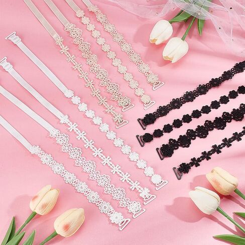 WEBEEDY 12 Pairs Women Bra Straps Flower Lace Adjustable Shoulder Strap Replacement Underwear Non-Slip Bra Straps in Kuwait