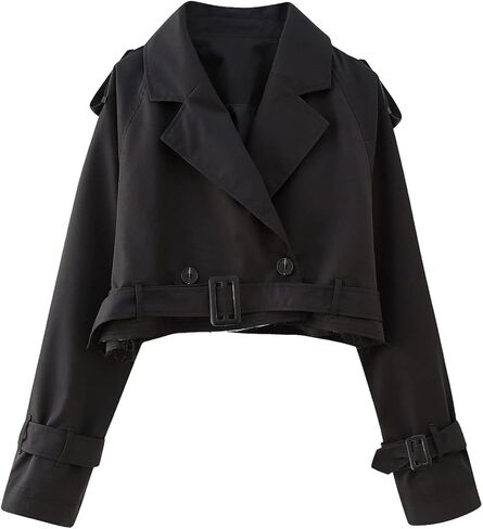 Perbai Women's Casual Lapel Double Breasted Trench Jacket Cropped Pea Coat Outwear with Belt in Kuwait