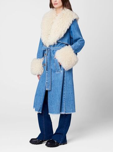 [BLANKNYC] Womens Denim Double Breasted Trech With Mongolian Fur in Saudi Arabia