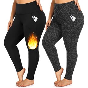yeuG Women's Plus Size Fleece Lined Leggings with Pockets-1X-4X High Waist Tummy Control Workout Yoga Pants