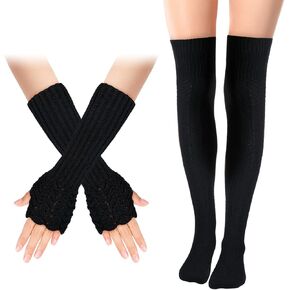 زوجان من قفازات تدفئة الذراع الطويلة محبوكة دافئة للشتاء قفازات محبوكة لتدفئة الذراع قفازات الإبهام للنساء جوارب عالية الفخذ فوق الركبة جوارب عالية الشتاء، أسود، M, أسود, M in Kuwait