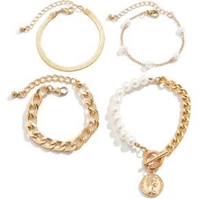 مجموعة سوار ربط سلسلة ذهبية 14 قيراط مطلية بالذهب عيار 14 قيراط قفل لؤلؤ الثعبان صورة كلاسيكية أنيقة وقابلة للتعديل ذات طبقات مشبك ورق للنساء والفتيات المراهقات in Kuwait