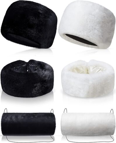 6 Pcs Winter Faux Fur Warm Set Including Fur Hat Neck Warmer and Hand Muffs Set Russian Style Headband Winter Fuzzy Headband Scarf and Hand Muffs for Women, White and Black, Black and White, One size in Kuwait