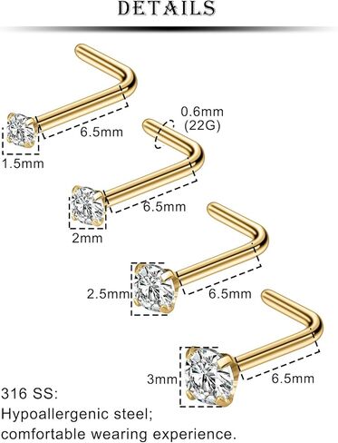 Kridzisw 18G 20G 22G L على شكل حلقات أنف مسمار مع مكعب زركونيا لا يسبب الحساسية 316L درجة جراحية من الفولاذ المقاوم للصدأ حلقات الأنف الأنفية مجوهرات ثقب الجسم للنساء والرجال مقاس CZ 1.5 مم 2 مم 2.5 مم 3 مم in Kuwait