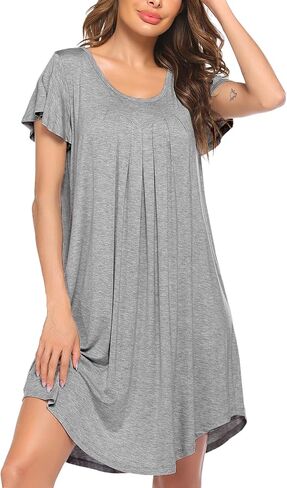 Ekouaer Womens Nightgown Soft Sleepwear Pleated Sleepshirt Sleep Dress Short Sleeve Nightdress S-3XL in Kuwait