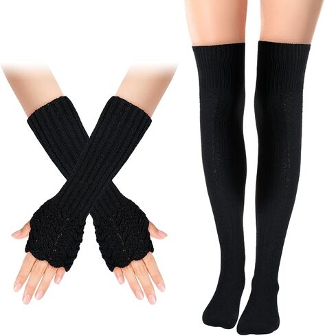 زوجان من قفازات تدفئة الذراع الطويلة محبوكة دافئة للشتاء قفازات محبوكة لتدفئة الذراع قفازات الإبهام للنساء جوارب عالية الفخذ فوق الركبة جوارب عالية الشتاء، أسود، M, أسود, M in Kuwait