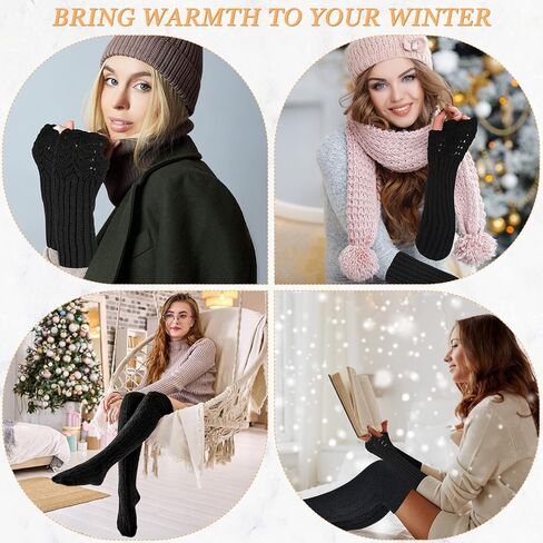 زوجان من قفازات تدفئة الذراع الطويلة محبوكة دافئة للشتاء قفازات محبوكة لتدفئة الذراع قفازات الإبهام للنساء جوارب عالية الفخذ فوق الركبة جوارب عالية الشتاء، أسود، M, أسود, M in Kuwait