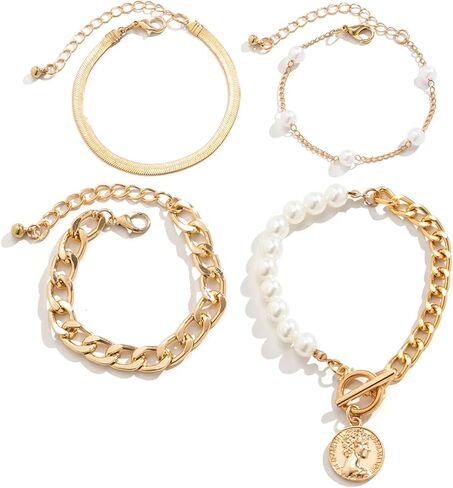 مجموعة سوار ربط سلسلة ذهبية 14 قيراط مطلية بالذهب عيار 14 قيراط قفل لؤلؤ الثعبان صورة كلاسيكية أنيقة وقابلة للتعديل ذات طبقات مشبك ورق للنساء والفتيات المراهقات in Kuwait