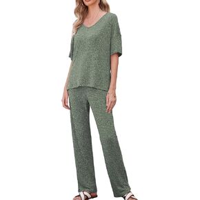 JiniGolla Women's Ribbed Knit Pajama Set 2 Piece Matching Pj Set Short Sleeve Top and Pants Lounge Set with Pockets in Saudi Arabia
