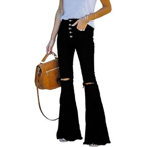 جينز نسائي أسود من BISUAL بنطال جينز نسائي عالي الخصر متوهج سروال نسائي ممزق وقابل للتمدد على شكل جرس in Kuwait