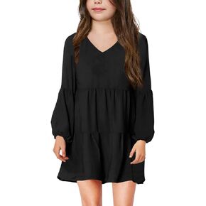 Imily Bela Girls Casual Tunic Dresses V Neck Long Short Sleeve School Party Swing Dress 5-14 Years in Saudi Arabia