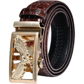 Mens Gold Buckle Belt,YOHOWA Cowhide Belt Automatic Ratchet Buckle Black Holeless for Jeans/Suit Gift Box