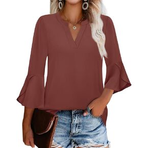Gaharu Women's Work Blouses Ruffle 3/4 Sleeve Dressy Top V Neck Casual Chiffon Tunic Blouses Business Shirts in Saudi Arabia