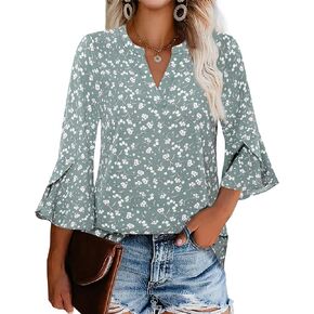 Gaharu Women's Work Blouses Ruffle 3/4 Sleeve Dressy Top V Neck Casual Chiffon Tunic Blouses Business Shirts