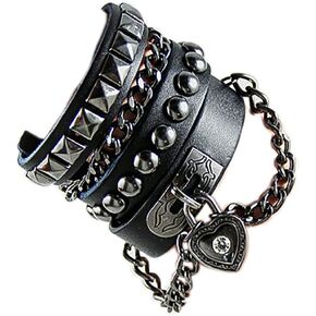 2Pcs Punk Layered Spike Rivet PU Leather Bangle Bracelet Set Gothic Adjustable Heart-shaped Studded Wristband Cuff for Men Women Teen Girl Handmade Halloween Cosplay Jewelry-A black