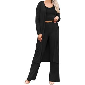 SWOMOG Women's 3 Piece Matching Set Ribbed Knit Lounge Sets Tank Cardigan and Pants Pajamas Loungewear Outfits with Pockets
