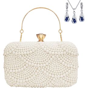 OUUKP Women's Pearl Diamond clutch purses Cream White evening bag,Classy Stylish Shoulder Crossbody Bag,detachable shoulder chain,Purse with Necklace and Earrings for Wedding Party Prom Travel in Saudi Arabia