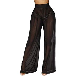 Springcmy Women Ruffle Sheer Mesh Pants See Through Bikini Bottom Swimsuit Cover up Wide Leg Beach Pants in Saudi Arabia