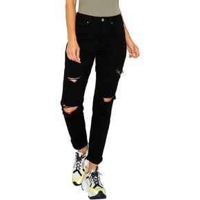 wax jean Women's Boyfriend Jeans with Destructed Blown Knee and Rolled Cuff