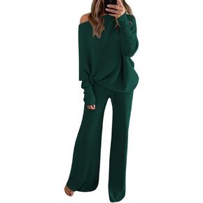 Meenew المرأة طويلة الأكمام متماسكة البلوز سترة واسعة الساق السراويل وتتسابق 2 قطعة Sweatsuit محبوك صالة مجموعة
