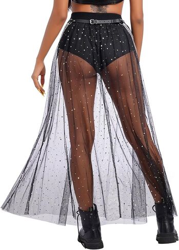 Women Shiny Stars Rave Skirt Flowy Mesh Tulle Maxi Skirts with Booty Bottoms Music Festival Clothes Halloween Costume in Saudi Arabia