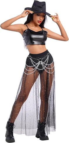 Women Shiny Stars Rave Skirt Flowy Mesh Tulle Maxi Skirts with Booty Bottoms Music Festival Clothes Halloween Costume in Saudi Arabia