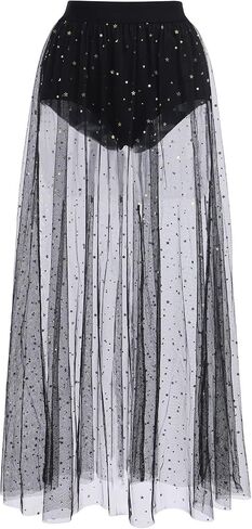 Women Shiny Stars Rave Skirt Flowy Mesh Tulle Maxi Skirts with Booty Bottoms Music Festival Clothes Halloween Costume in Saudi Arabia