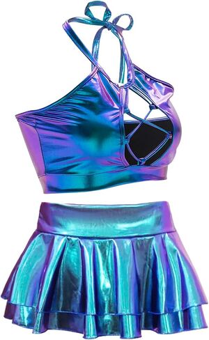 SFBBCLOZ Women's Rave Outfit Sets For Women Festivals 2 Pcs Metallic Tops Skirt EDM Party Club Holographic Rave Outfits in Saudi Arabia