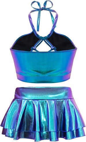 SFBBCLOZ Women's Rave Outfit Sets For Women Festivals 2 Pcs Metallic Tops Skirt EDM Party Club Holographic Rave Outfits in Saudi Arabia