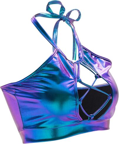 SFBBCLOZ Women's Rave Outfit Sets For Women Festivals 2 Pcs Metallic Tops Skirt EDM Party Club Holographic Rave Outfits in Saudi Arabia