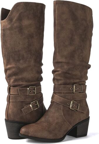 GLOBALWIN Women’s Knee High Cowboy Boots – Minimalist Western Round Toe Cowgirl Boots with Comfortable Block Heel, Plain Sleek Design, Tall Dress Boots for Women in Kuwait