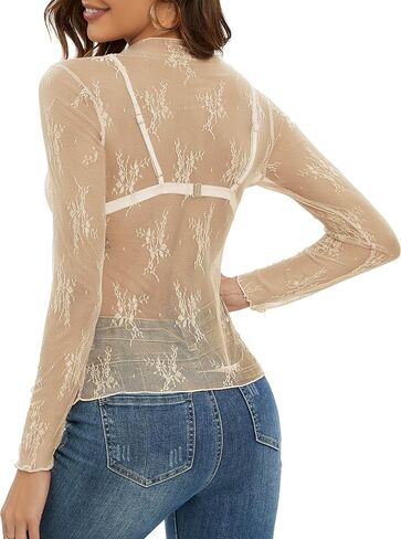 MEROKEETY Womens Mesh Sheer Long Sleeve Layering Top Mock Neck Lace Floral See Through Shirt Tops in Kuwait