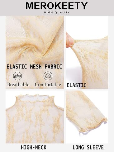 MEROKEETY Womens Mesh Sheer Long Sleeve Layering Top Mock Neck Lace Floral See Through Shirt Tops in Kuwait