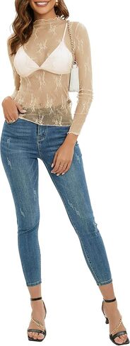 MEROKEETY Womens Mesh Sheer Long Sleeve Layering Top Mock Neck Lace Floral See Through Shirt Tops in Kuwait