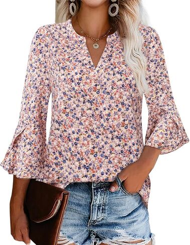 Gaharu Women's Work Blouses Ruffle 3/4 Sleeve Dressy Top V Neck Casual Chiffon Tunic Blouses Business Shirts in Kuwait