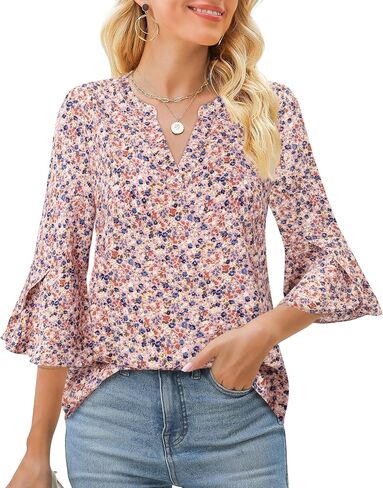 Gaharu Women's Work Blouses Ruffle 3/4 Sleeve Dressy Top V Neck Casual Chiffon Tunic Blouses Business Shirts in Kuwait