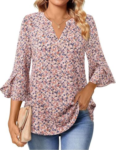 Gaharu Women's Work Blouses Ruffle 3/4 Sleeve Dressy Top V Neck Casual Chiffon Tunic Blouses Business Shirts in Kuwait