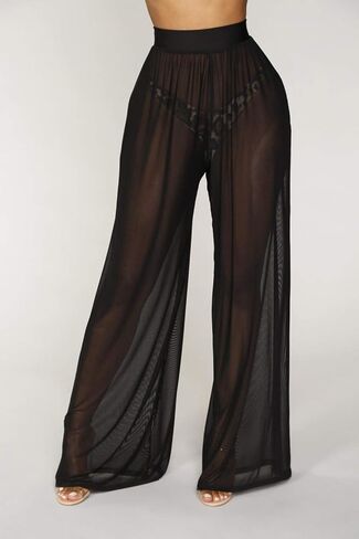 Springcmy Women Ruffle Sheer Mesh Pants See Through Bikini Bottom Swimsuit Cover up Wide Leg Beach Pants in Kuwait