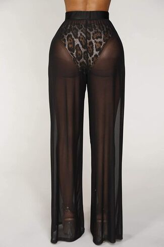 Springcmy Women Ruffle Sheer Mesh Pants See Through Bikini Bottom Swimsuit Cover up Wide Leg Beach Pants in Kuwait