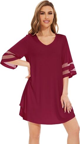 WiWi Bamboo Viscose Nightgowns for Women Half Sleeves Sleep Shirt Soft V-neck Sleepwear Loose Comfy Nightshirts S-XXL in Saudi Arabia