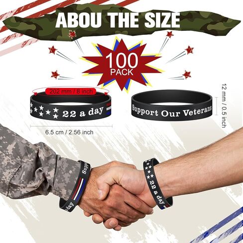 Junkin 100 Pcs Memorial Day Silicone Bracelets Veteran's Day Rubber Wristband Bulk Military Bracelets for Men Women Support Our Veterans 22 a Day Bracelet 4th of July Memorial Day Gifts for Veterans in Saudi Arabia