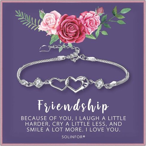 SOLINFOR Friendship Bracelet - Two Interlocking Hearts Sterling Silver Bracelet - BFF Friends Friendship Birthday Jewelry Gift Idea for Women in Kuwait