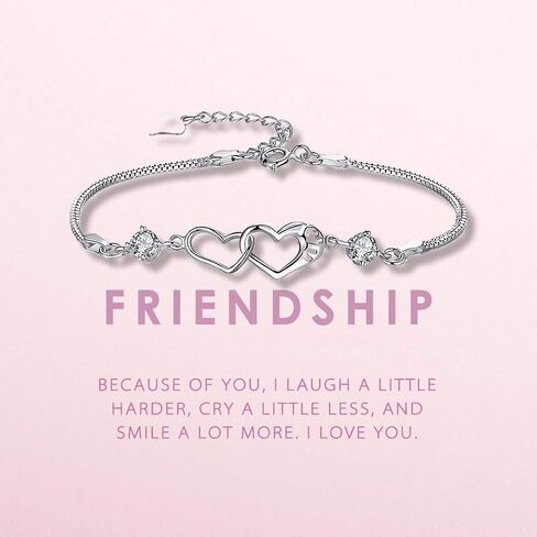 SOLINFOR Friendship Bracelet - Two Interlocking Hearts Sterling Silver Bracelet - BFF Friends Friendship Birthday Jewelry Gift Idea for Women in Kuwait